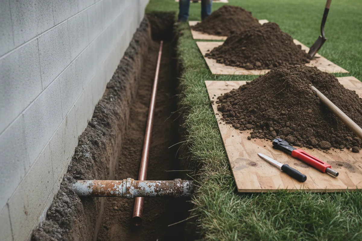 Excavated water line trench during Water Heater Repair in Aldie